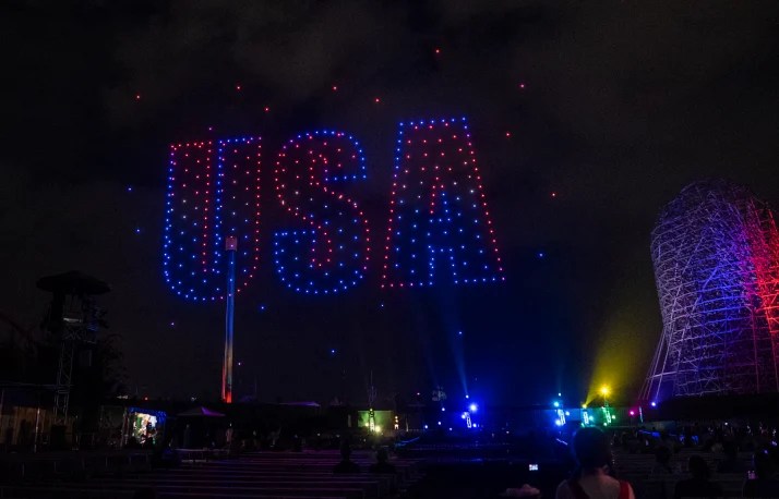 Drone show spelling USA at night